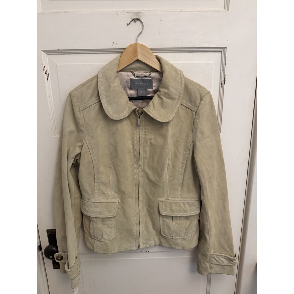 Ann Taylor Women's Tan Suede Leather Jacket Lined Pockets Full Zip Size Medium